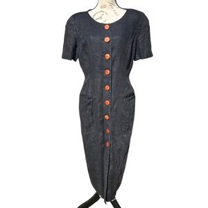 Marie St. Claire Vintage Black‎ Linen Button Front Short Sleeve Midi Dress Sz 12